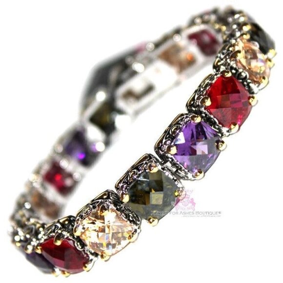 Multicolor Womens Glam Two Tone Throne Room Chunky Tennis Topaz Cz Bracelet 7.5" - Picture 1 of 6